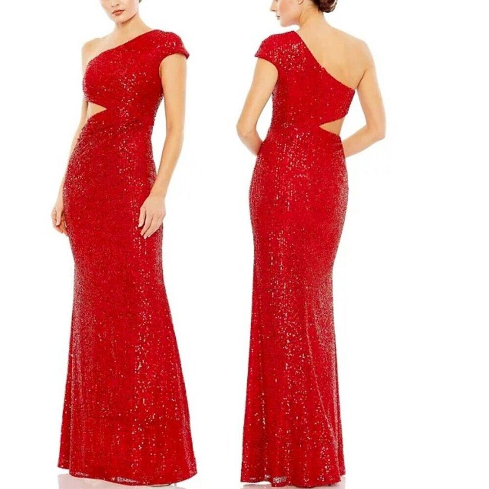 Mac Duggal Red Sequined One Shoulder Cap Sleeve Cut Out Gown Women's Size 2 New